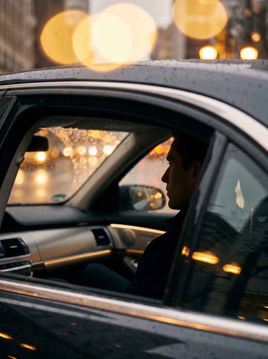 Passenger watching the city pass through the rear window of a luxury sedan at night